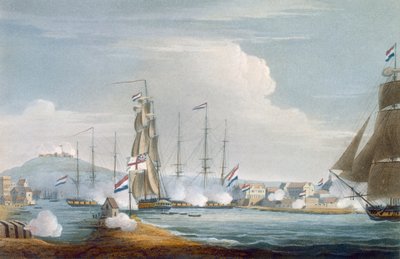 Cattura del porto di Curacoa, Indie Orientali Olandesi, inciso da J. Bailey per 